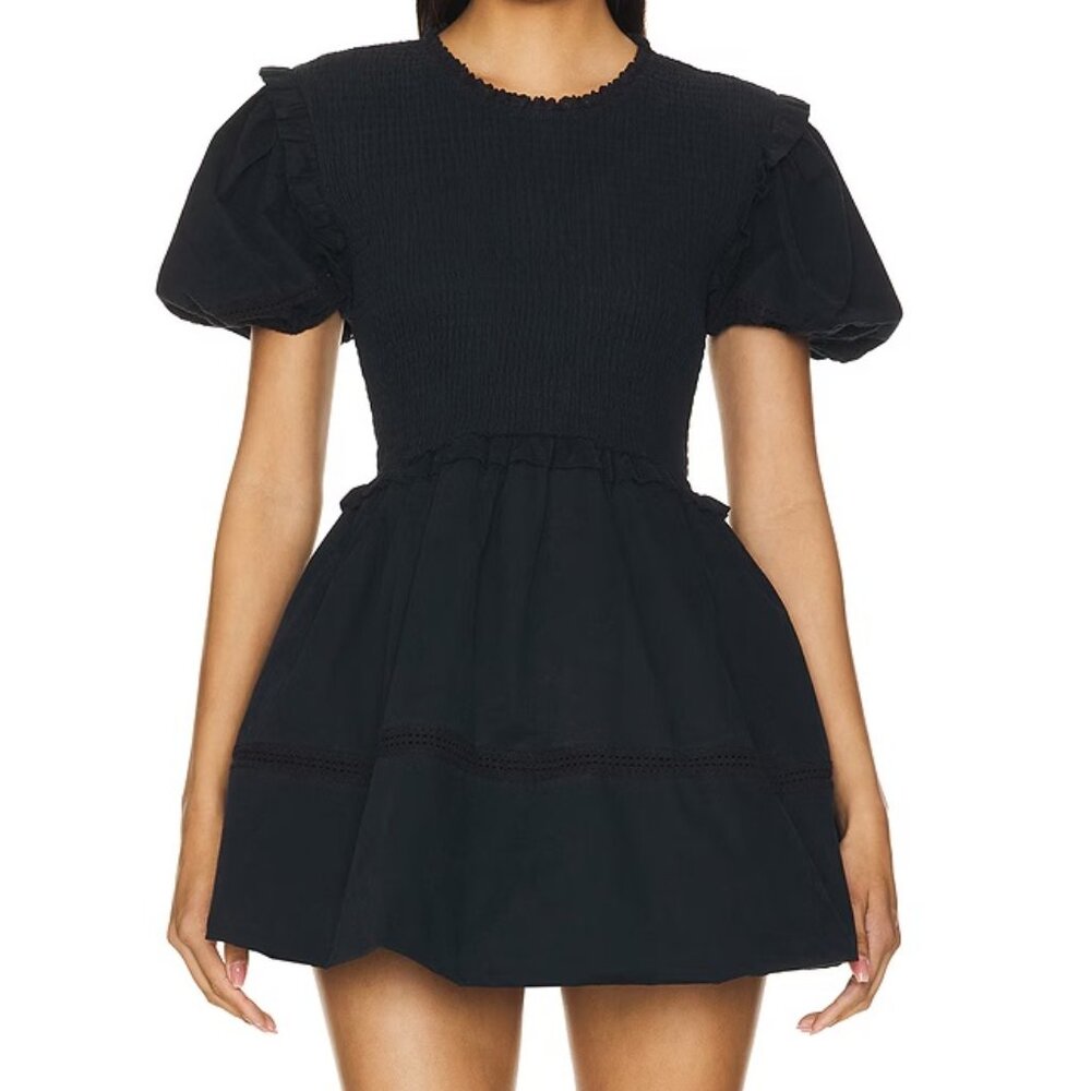 NWT FOR LOVE AND LEMONS SANDY SMOCKED COTTON BLACK MINI DRESS W/BUBBLE HEM SZ M